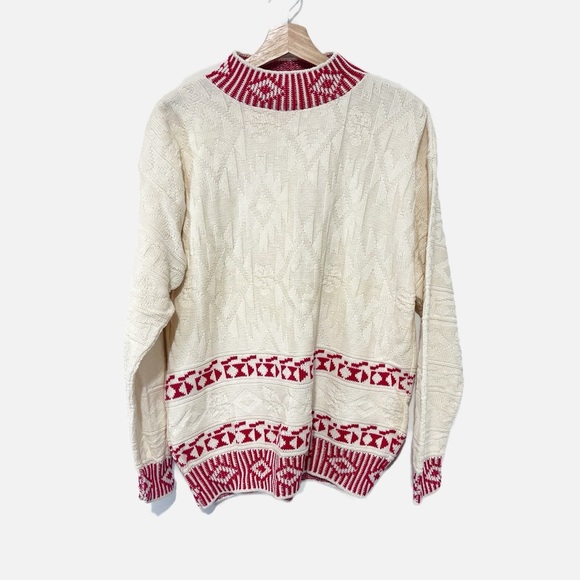Cabin Creek Vintage Sweater Aztec Western Red and Cream Mock Neck Size Large - Picture 1 of 6